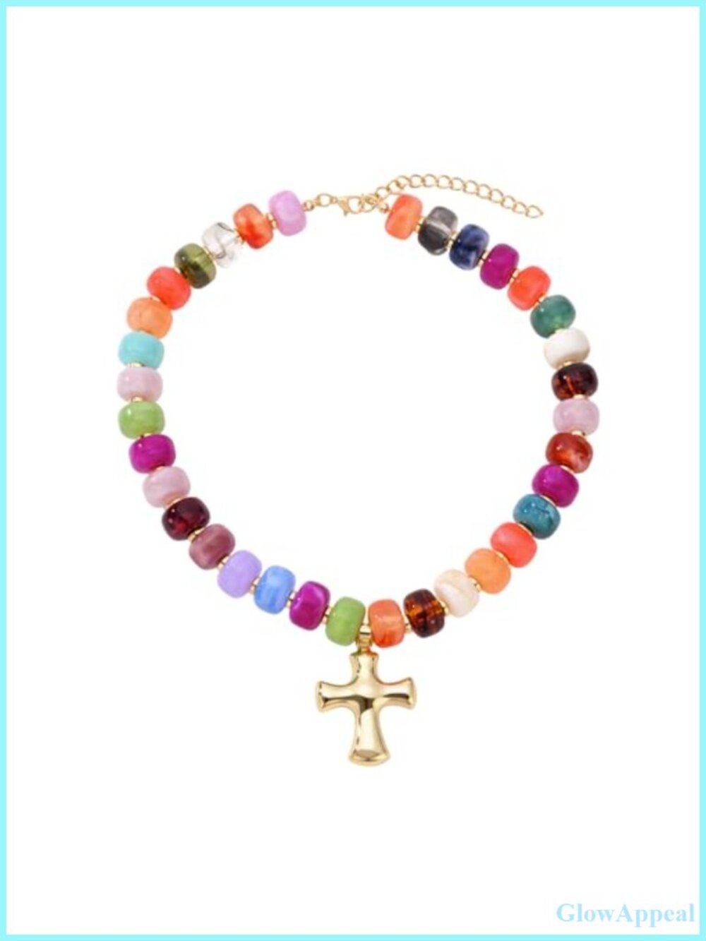 Chunky Beaded Choker Necklace with Gold Tone Cross Pendant Statement